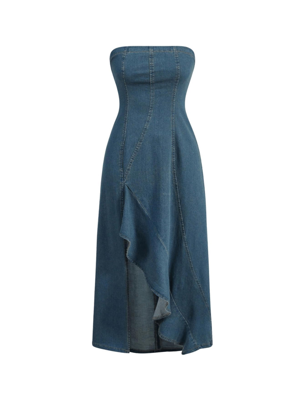 MakeMeChic Women's Denim Dress Tube Sleeveless A Line High Split Dress | Ruffle Trim, Stretchy, Long Denim Dress, Elegant Jean Dress for Wedding Party Concert