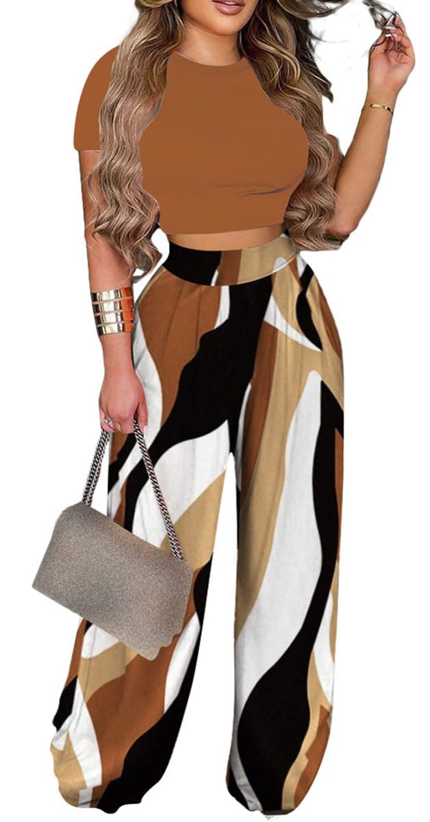 2 Piece Outfits for Women Short Sleeve Crop Top High Waist Wide Leg Long Pant Sets Tracksuit Sport Set