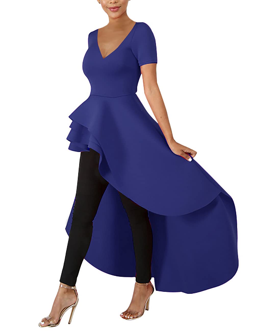 Lrady Womens V Neck Short Sleeve High Low Cocktail Party Dresses Peplum Tunic Tops Shirt Dress