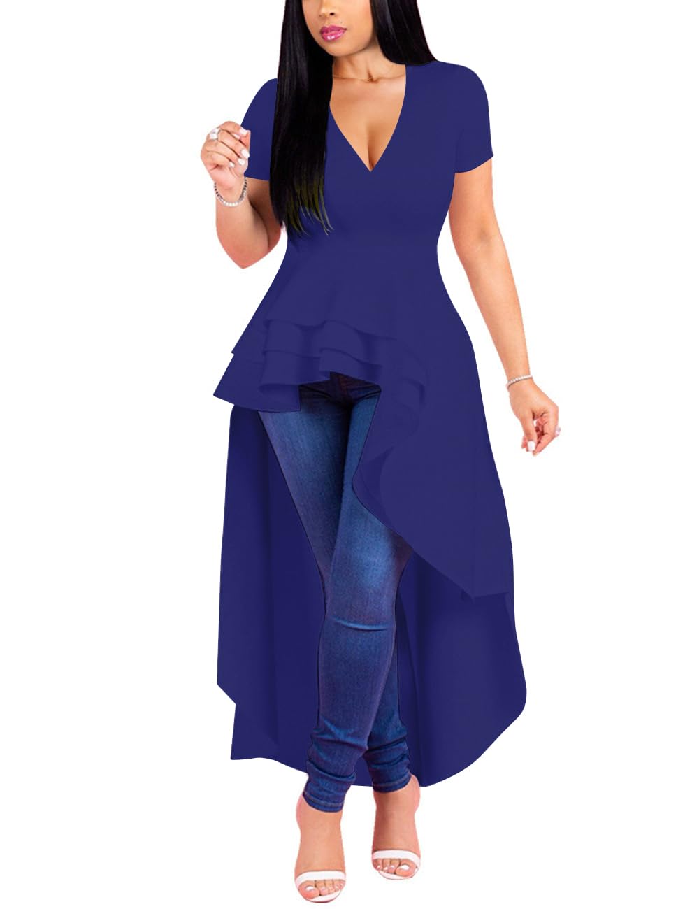 Lrady Womens V Neck Short Sleeve High Low Cocktail Party Dresses Peplum Tunic Tops Shirt Dress