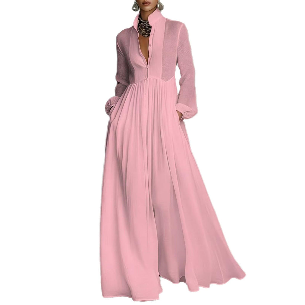 Women Maxi Dress Stand Collar Button Front Pocket Beach Vacation Casual | Flowy maxi dress stand collar, button front, functional pockets, long lantern sleeves, A-line skirt, beach vacation daily