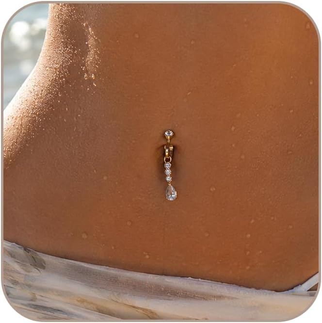 D.Bella Fake Belly Piercing Gold Clip On Belly Button Rings for Women Non Piercing Dangle Navel Jewelry Daily Wear