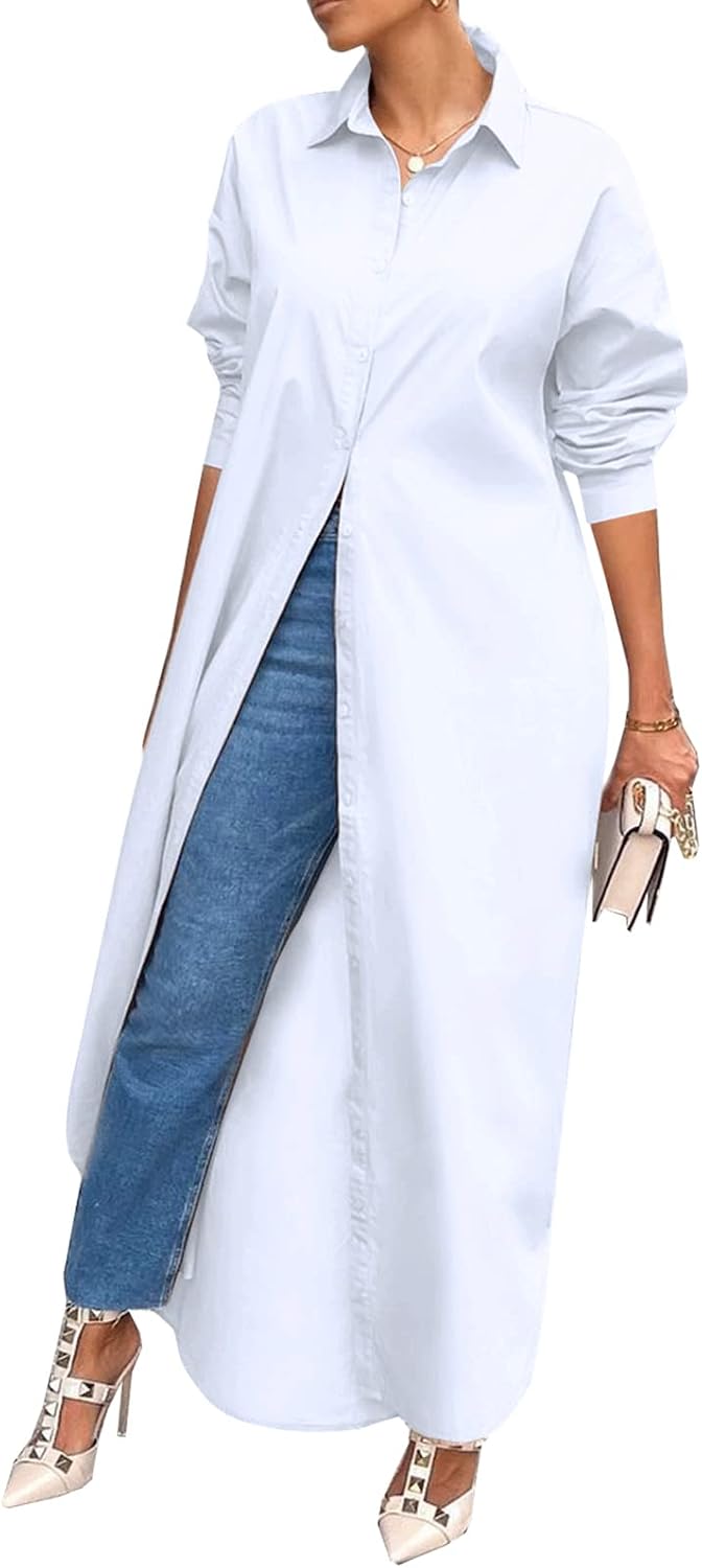 Shirt Dresses for Women Casual Long Sleeve Cotton Button Down Maxi Dresses | Oversized,Solid Color,Loose Fit,Plus Size,Long Shirts,Button Down Dress