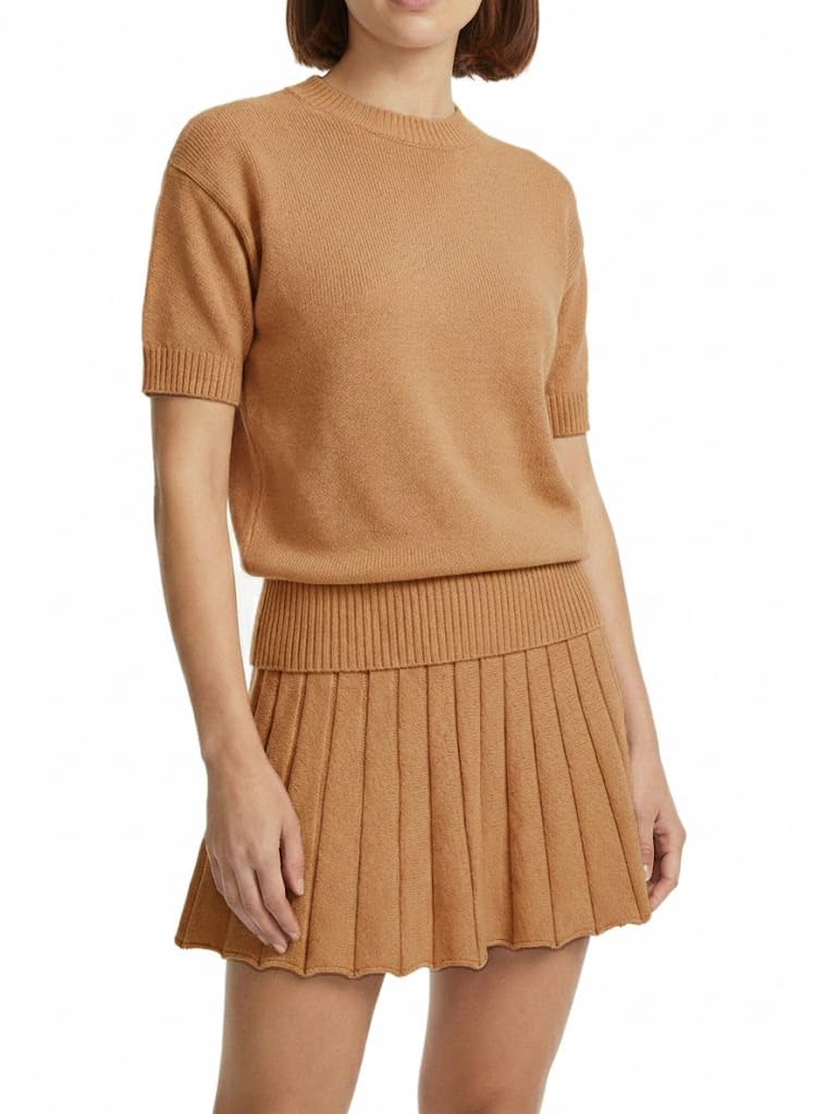 Womens 2 Piece Outfits 2026 Short Sleeve Crewneck Knit Tops And Pleated Mini Skirt Two Piece Sets