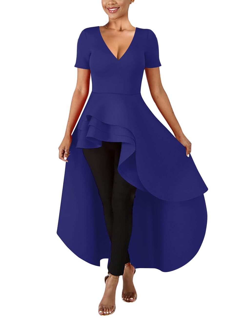 Lrady Womens V Neck Short Sleeve High Low Cocktail Party Dresses Peplum Tunic Tops Shirt Dress