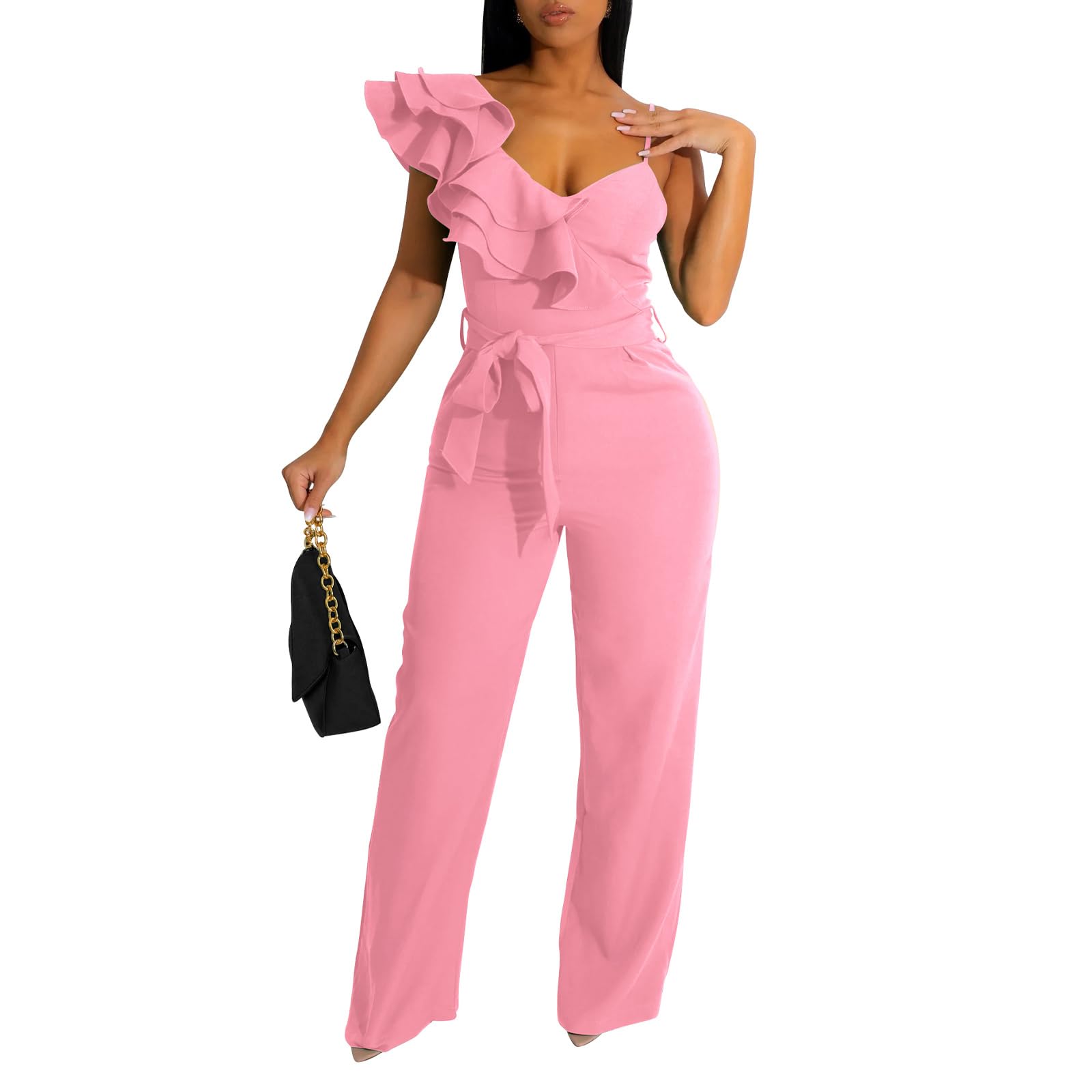 kaimimei Womens Casual Jumpsuits Ruffle One Shoulder Wide Leg Belted Romper | Designed with Pockets,Adjustable Strap,Sexy V-Neck Sleeveless,Backless,for Parties, Clubs,Wedding,Event,Outing