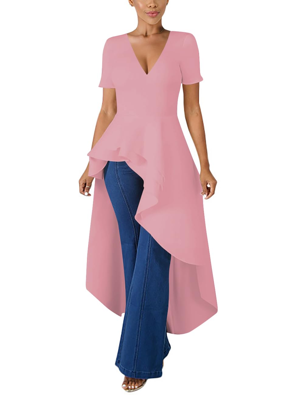 Lrady Womens V Neck Short Sleeve High Low Cocktail Party Dresses Peplum Tunic Tops Shirt Dress
