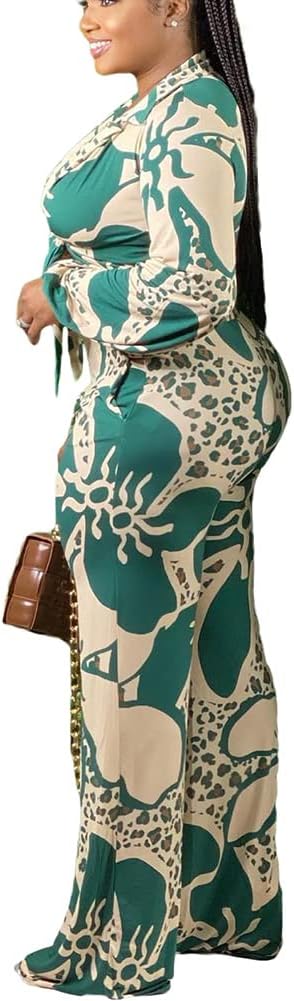 2 Piece Outfits for Women Sexy V Neck Print Shirts Tie Knot Batwing Blouses Crop Top Wide Leg Pants Set