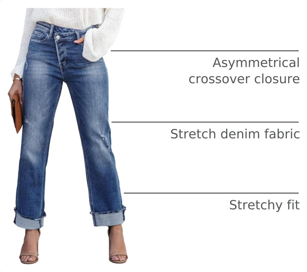 Metietila Jeans for Women Trendy High Waisted Corssover Boyfriend Jeans Distressed Stretchy Denim Pants