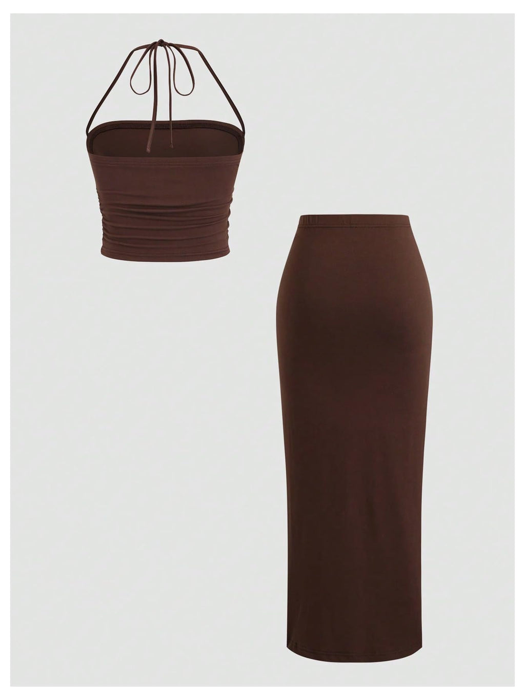 Verdusa Women's 2 Piece Set Summer Vacation Outfits Going Out Matching Set | Ruched Crop Halter Top, Asymmetrical Slit Long Skirt, Two Piece Skirt Set for Women, Summer Sets