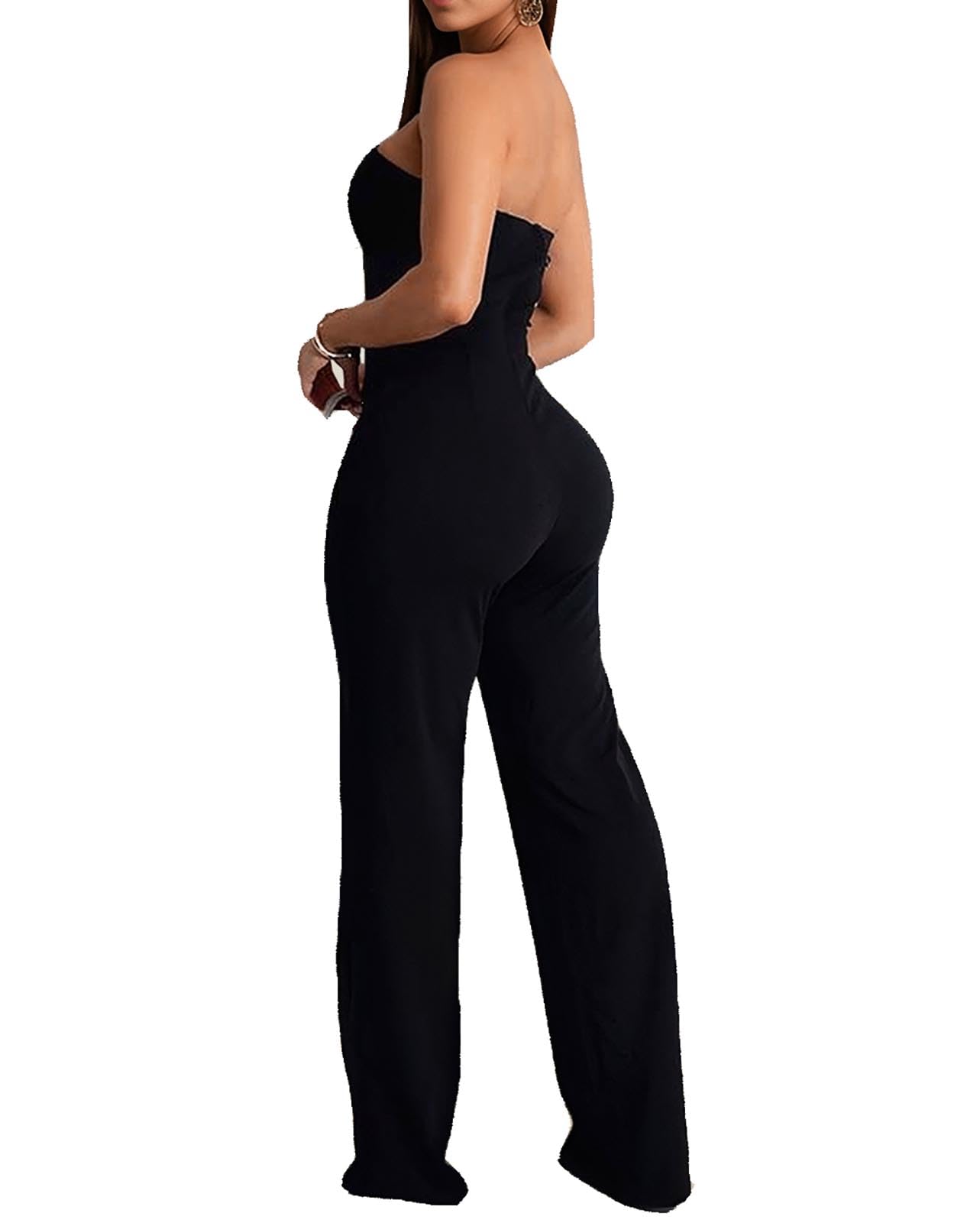 Yuopeid Women's Sexy Strapless Off Shoulder Bodycon Tube Top Overalls Jumpsuit Wide Leg Pants Formal Party Rompers
