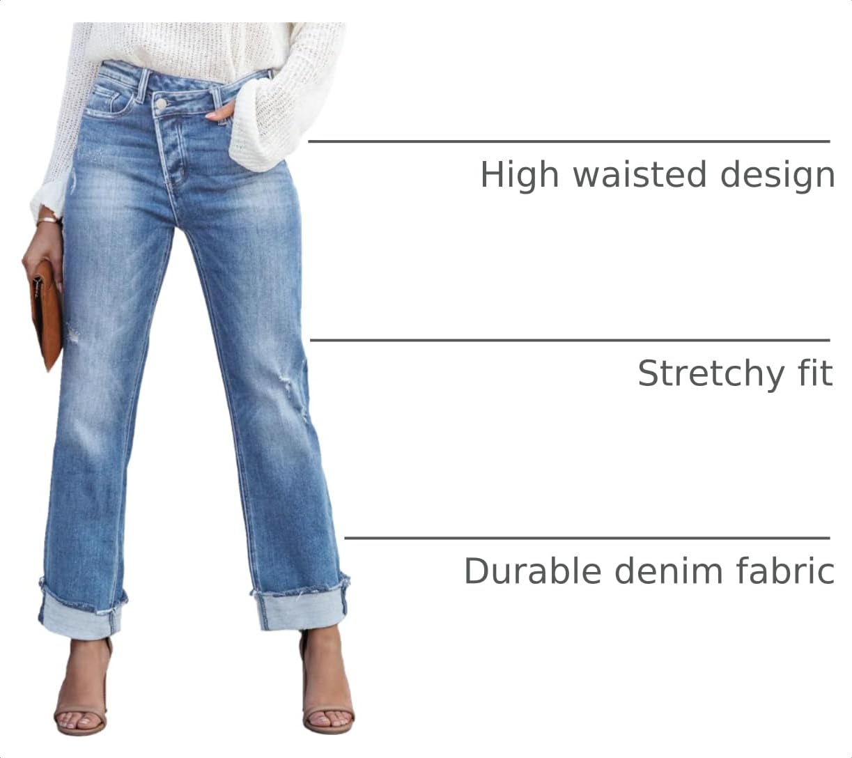 Metietila Jeans for Women Trendy High Waisted Corssover Boyfriend Jeans Distressed Stretchy Denim Pants