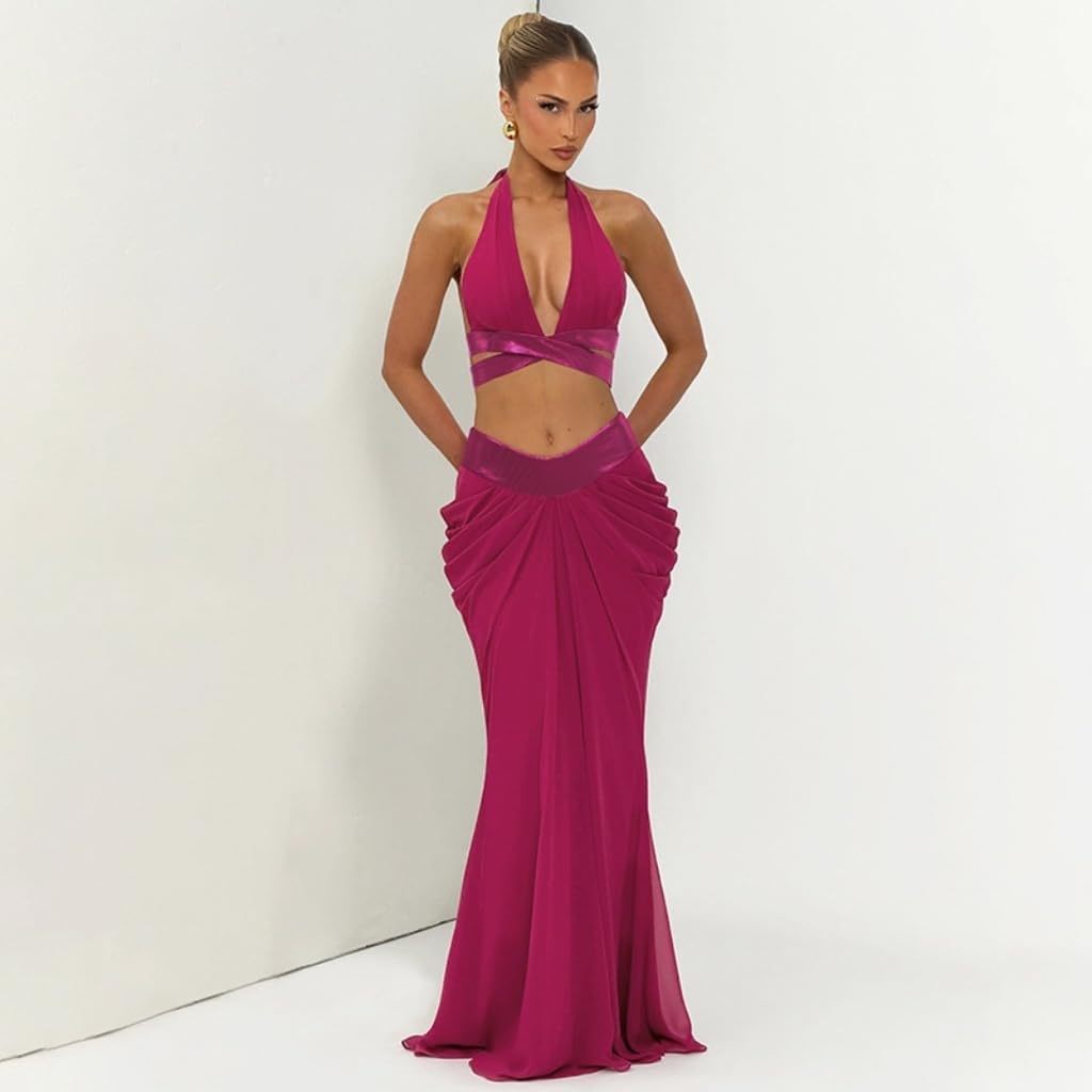 VOIKERDR Party Outfits for Women Halter Deep V Cross Wrap Crop Top Front Ruched Maxi Skirt Sets Women 2 Piece Outfits