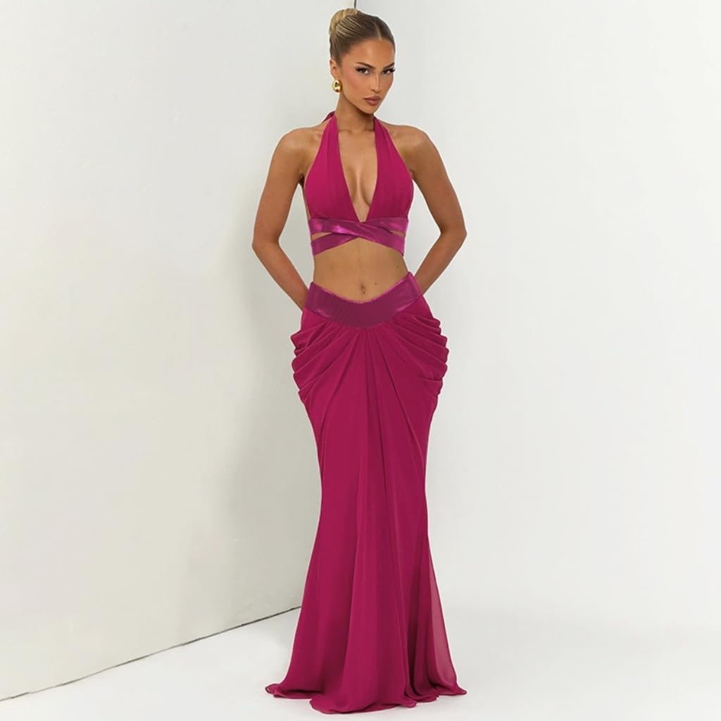 VOIKERDR Party Outfits for Women Halter Deep V Cross Wrap Crop Top Front Ruched Maxi Skirt Sets Women 2 Piece Outfits