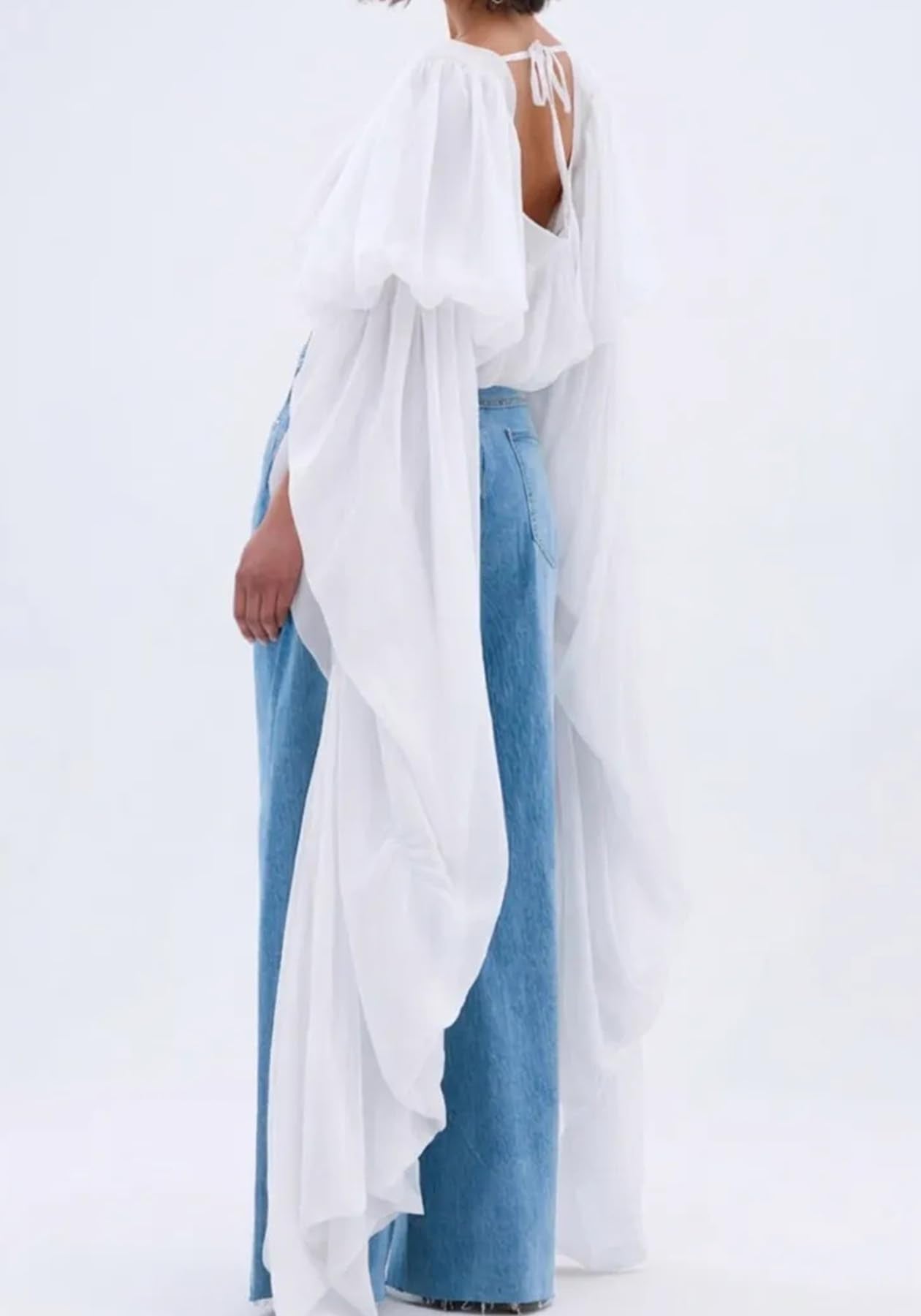 YOOTIKO Women Flowy Chiffon Crop Blouses Ruffle Long Bell Sleeve Tops | Trendy Square Neck Going Out Shirts,Elegant Evening Party Wear