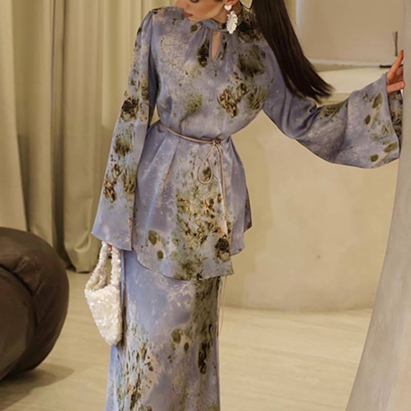THLAI Womens Elegant Two Piece Abstract Print Long Sleeve Blouse & Maxi Skirt Set Party Outfit