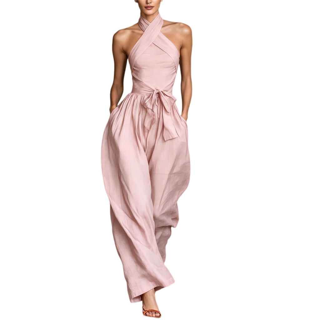 Backless Rompers for Women Casual Ink Printed Sleeveless High Waist Wide Leg Jumpsuit Sexy Halter Boho Vacation Party Outfits