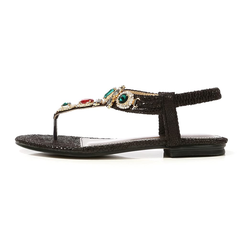 MIOKE Women's Bohemia Bling Jeweled Flat Sandals T-strap Clip Toe Cutout Slingback Summer Beach Flipflops