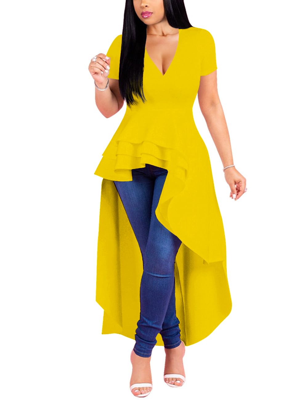 Lrady Womens V Neck Short Sleeve High Low Cocktail Party Dresses Peplum Tunic Tops Shirt Dress