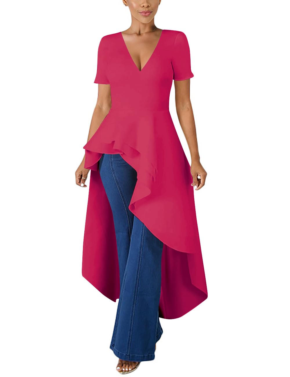 Lrady Womens V Neck Short Sleeve High Low Cocktail Party Dresses Peplum Tunic Tops Shirt Dress