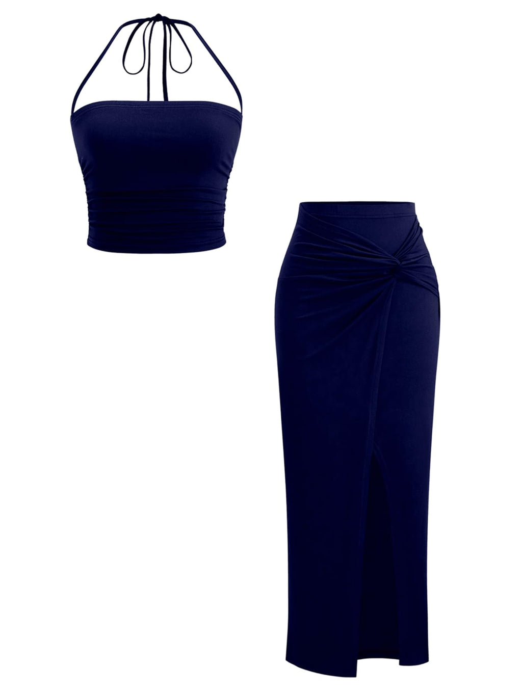 Verdusa Women's 2 Piece Set Summer Vacation Outfits Going Out Matching Set | Ruched Crop Halter Top, Asymmetrical Slit Long Skirt, Two Piece Skirt Set for Women, Summer Sets