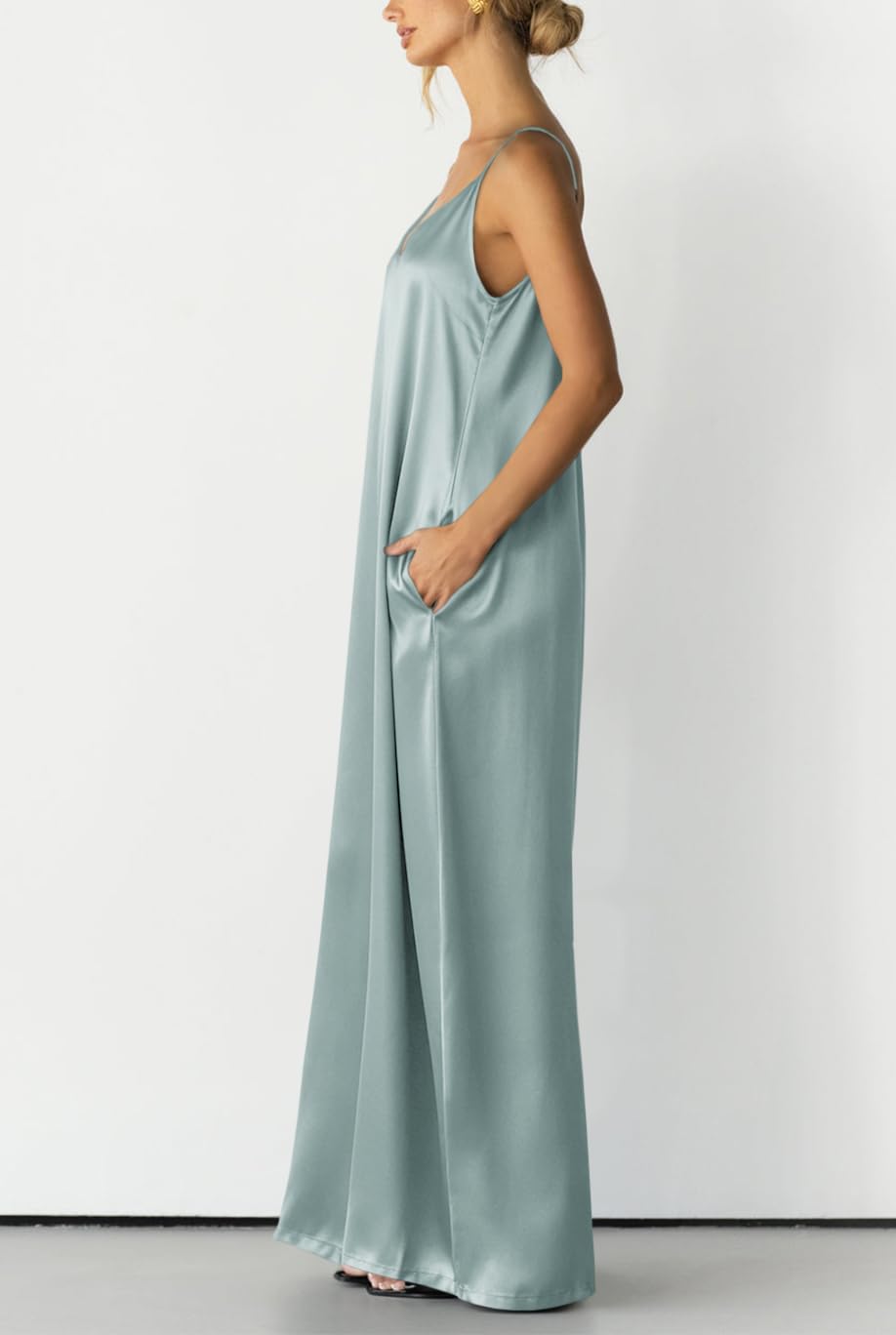 Womens Satin Wide Leg Jumpsuits Dressy Flowy Date Night Rompers Outfits | Silky Fabric,Casual Relaxed Fit,Formal,Wedding Guest,cocktail,Sexy V Neck,Spaghetti Strap,Summer,One Piece Outfit