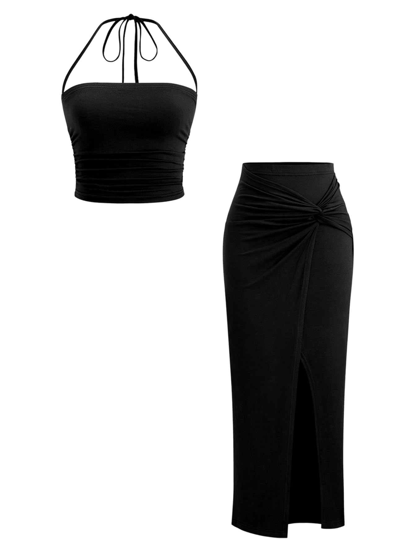 Verdusa Women's 2 Piece Set Summer Vacation Outfits Going Out Matching Set | Ruched Crop Halter Top, Asymmetrical Slit Long Skirt, Two Piece Skirt Set for Women, Summer Sets