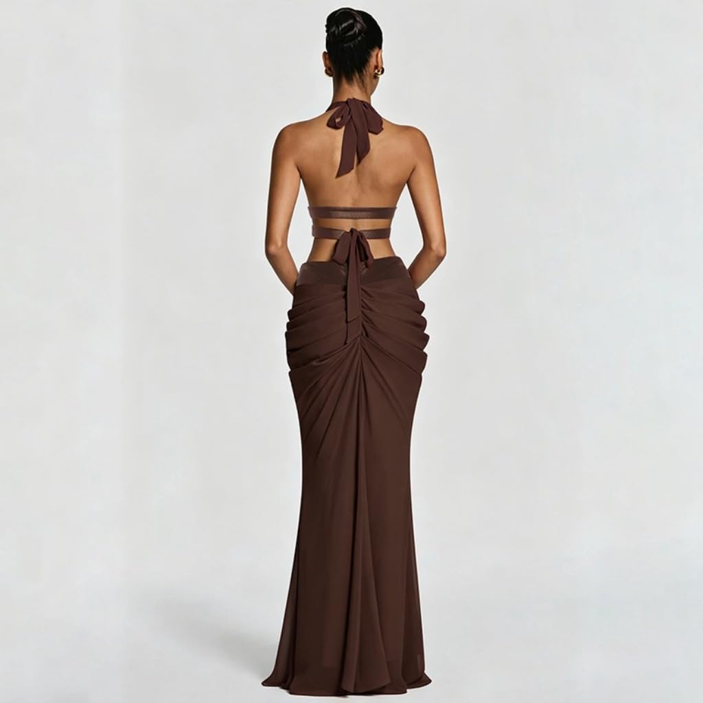 VOIKERDR Party Outfits for Women Halter Deep V Cross Wrap Crop Top Front Ruched Maxi Skirt Sets Women 2 Piece Outfits