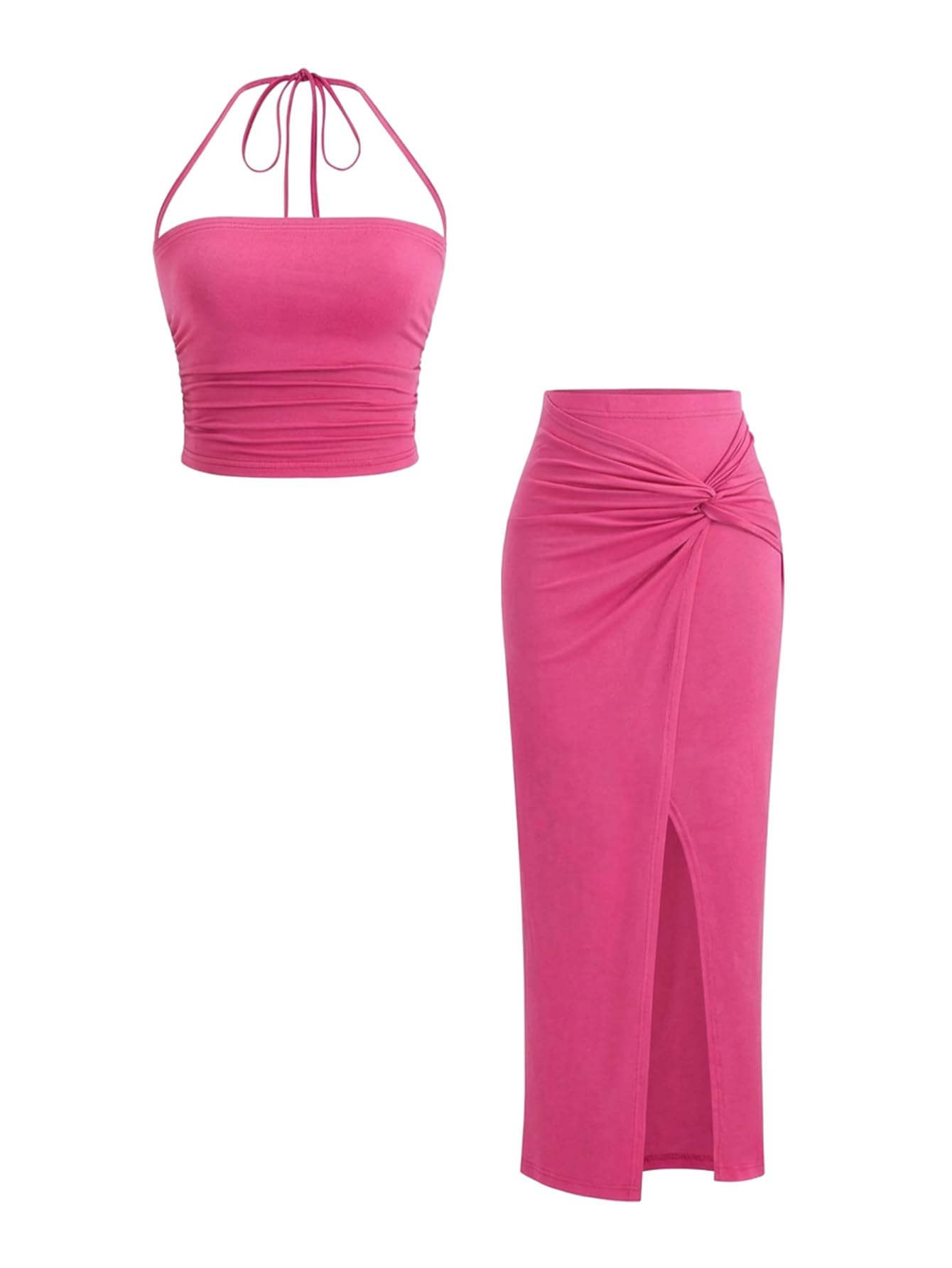 Verdusa Women's 2 Piece Set Summer Vacation Outfits Going Out Matching Set | Ruched Crop Halter Top, Asymmetrical Slit Long Skirt, Two Piece Skirt Set for Women, Summer Sets