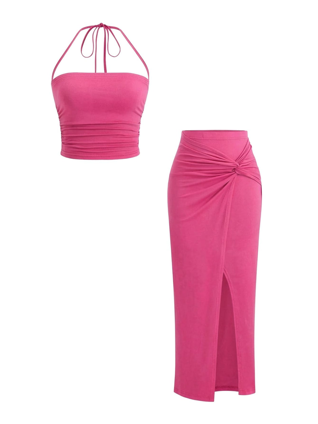 Verdusa Women's 2 Piece Set Summer Vacation Outfits Going Out Matching Set | Ruched Crop Halter Top, Asymmetrical Slit Long Skirt, Two Piece Skirt Set for Women, Summer Sets