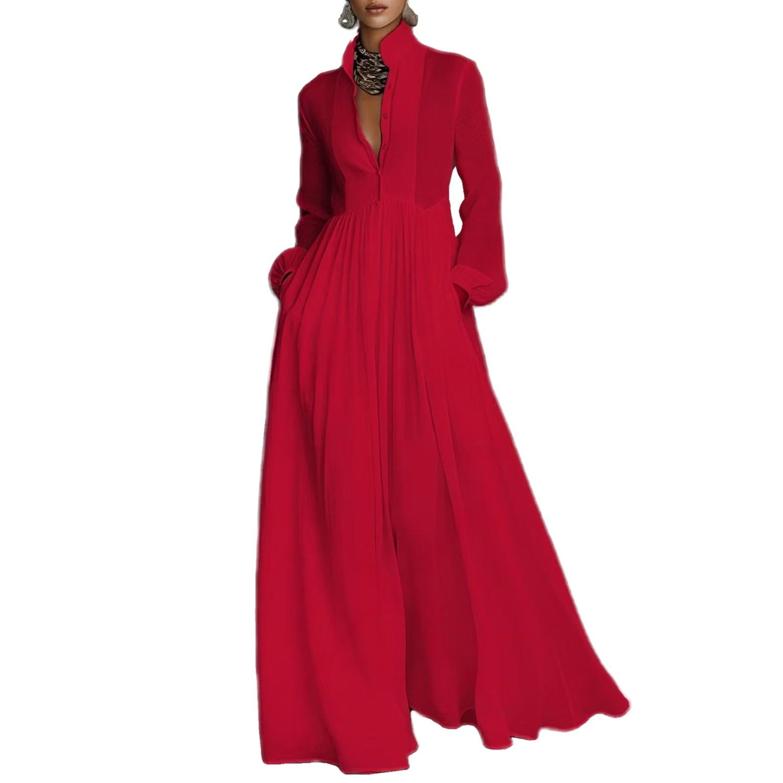 Women Maxi Dress Stand Collar Button Front Pocket Beach Vacation Casual | Flowy maxi dress stand collar, button front, functional pockets, long lantern sleeves, A-line skirt, beach vacation daily