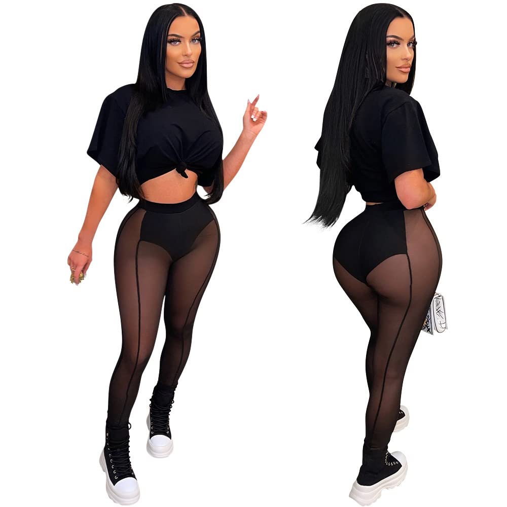 Women's Sexy See Through Sheer Mesh Pants Leggings High Waist Casual Sweatpants Tights