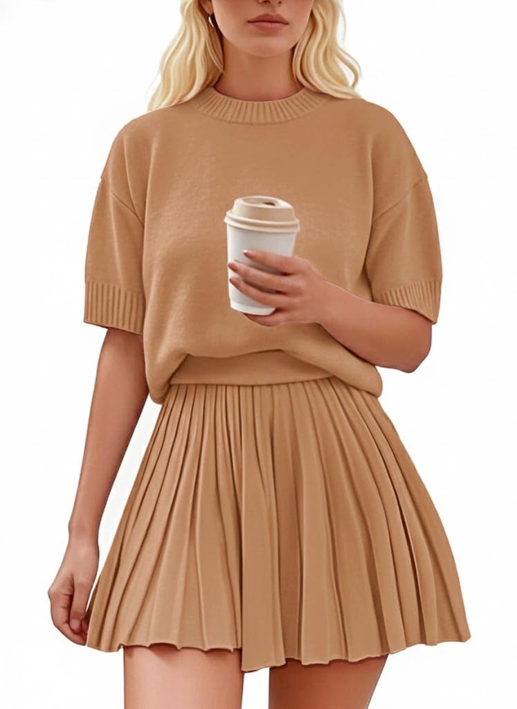 Womens 2 Piece Outfits 2026 Short Sleeve Crewneck Knit Tops And Pleated Mini Skirt Two Piece Sets