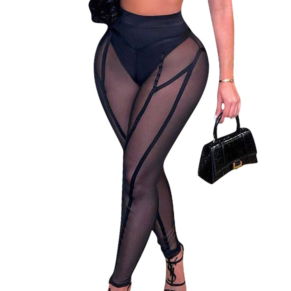 Women's Sexy See Through Sheer Mesh Pants Leggings High Waist Casual Sweatpants Tights