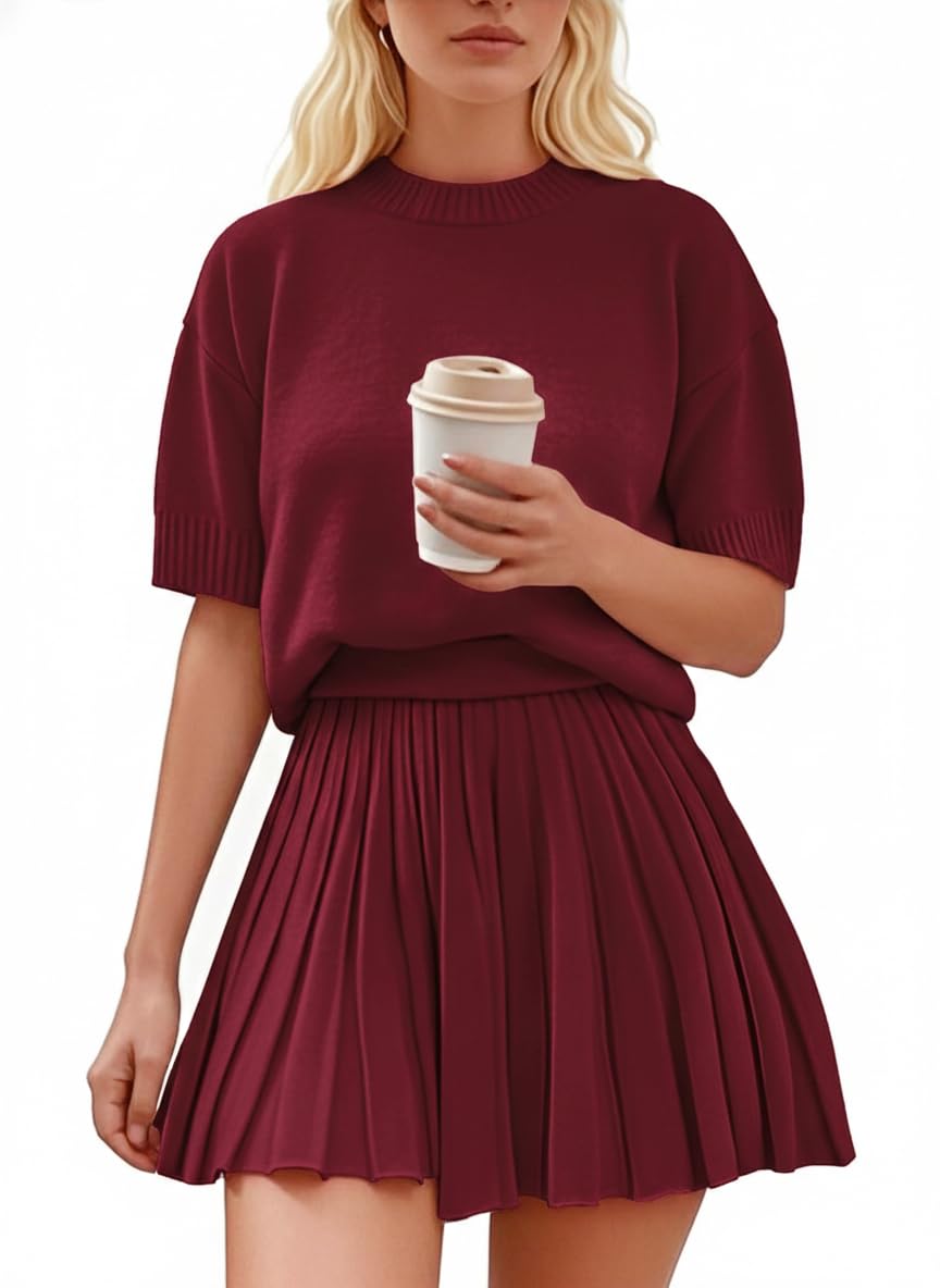 Womens 2 Piece Outfits 2026 Short Sleeve Crewneck Knit Tops And Pleated Mini Skirt Two Piece Sets