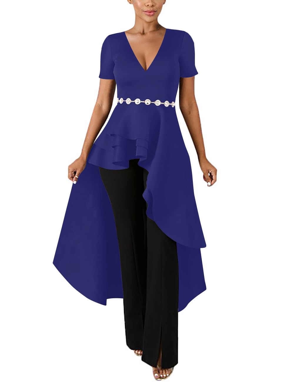 Lrady Womens V Neck Short Sleeve High Low Cocktail Party Dresses Peplum Tunic Tops Shirt Dress