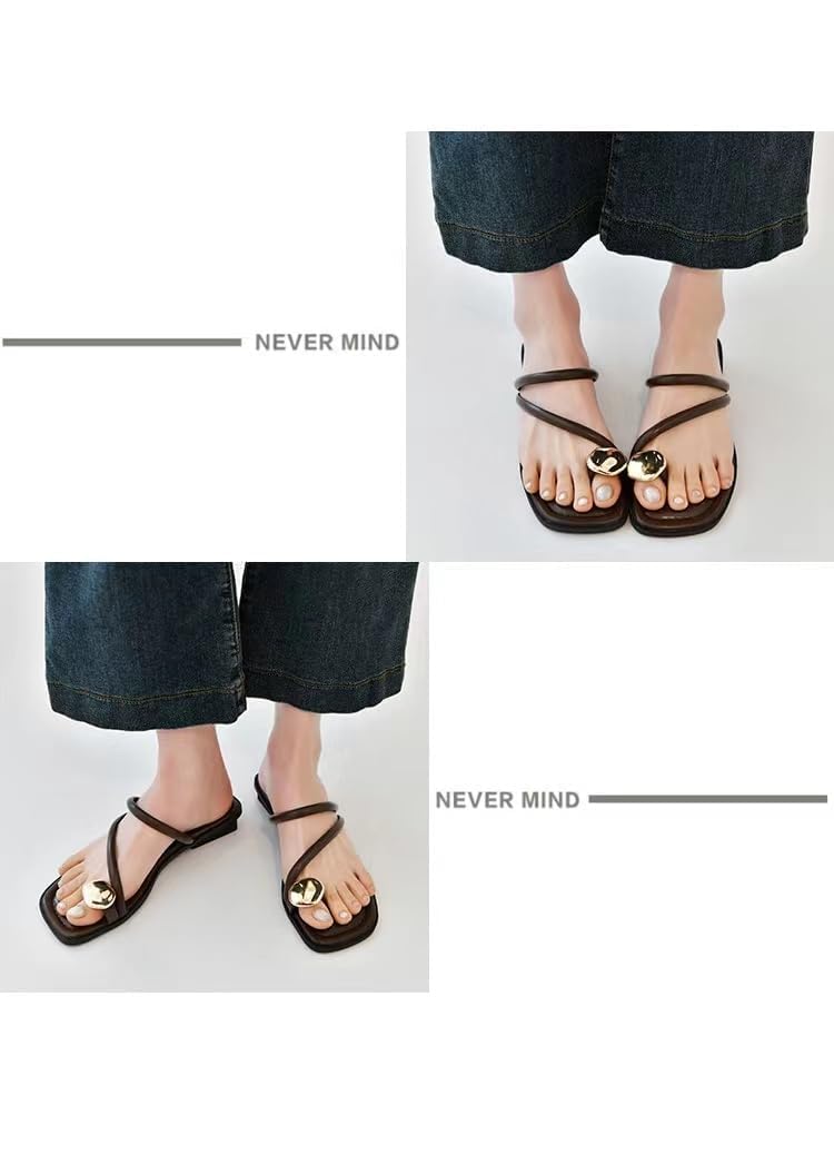 Women's leather strappy flat metal toe ring sandals fashionable square open toe low block heel slip-on Clip Toe Slide Sandals Casual Summer Beach slipper