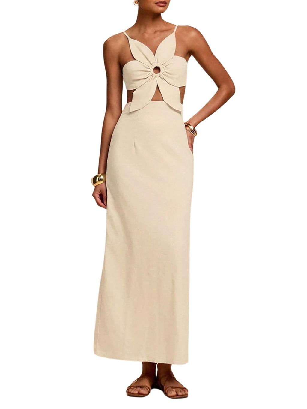 SHENHE Women's Petal Backless Linen Maxi Dress Cut Out Vacation Dresses | Keyhole, Spaghetti Strap, Open Back, Long Dress, Zipper, Summer, Date Night, Cami Dresses