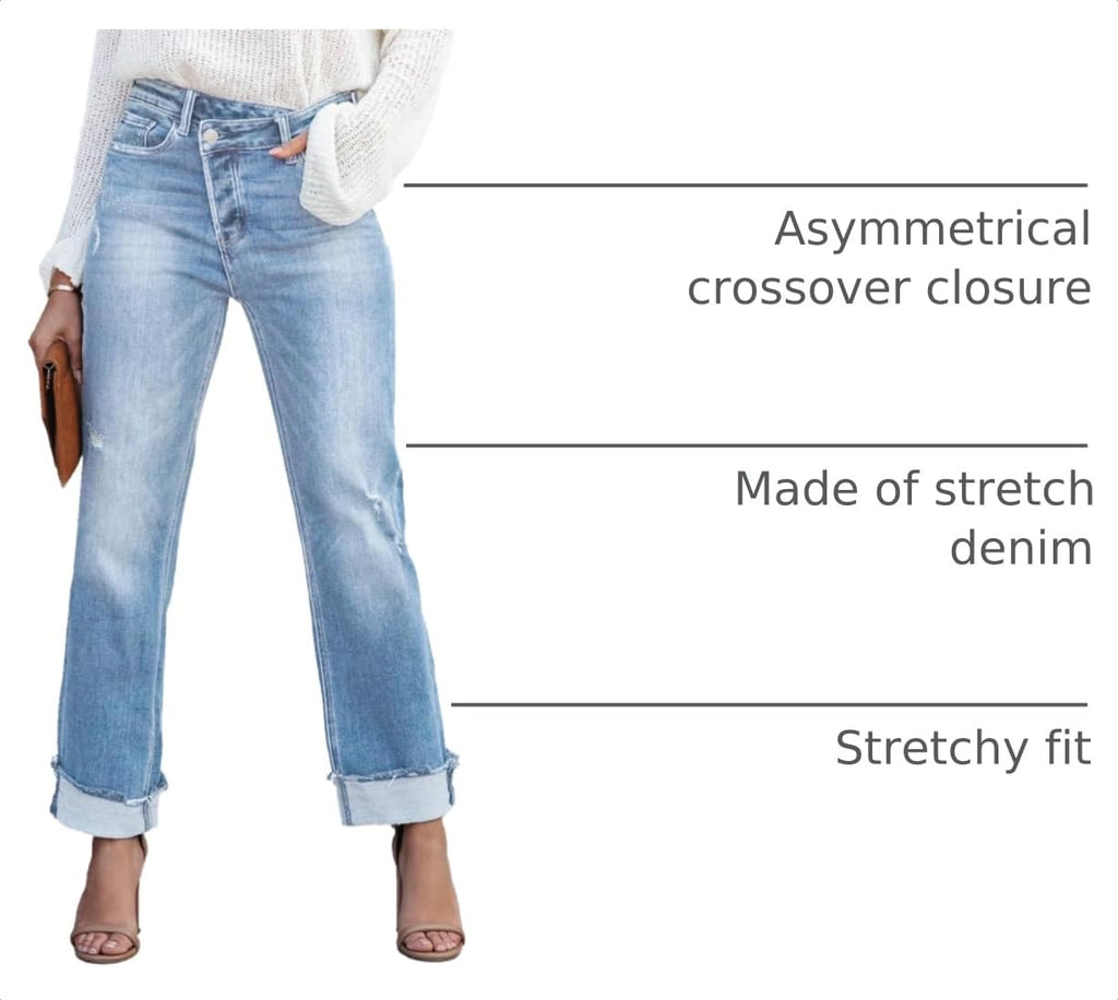 Metietila Jeans for Women Trendy High Waisted Corssover Boyfriend Jeans Distressed Stretchy Denim Pants