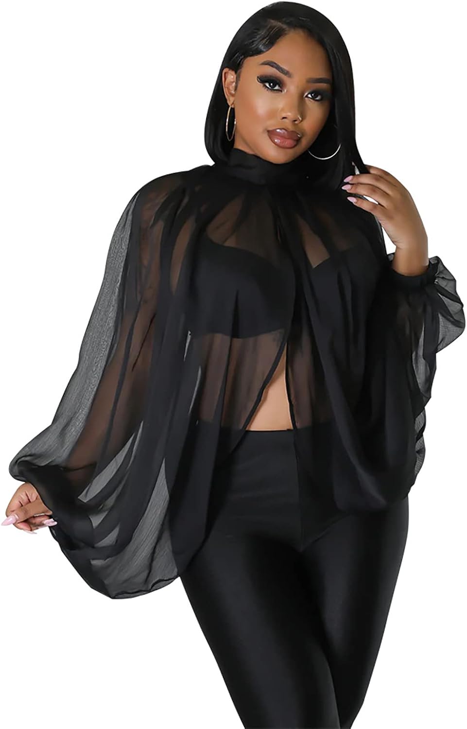 acelyn Women's Sexy See Through Chiffon Sheer Blouses Tops | Lantern Sleeve, Front Back Open, High Neck, Self Tie, Shawl Casual Shirts,Blouses Tops