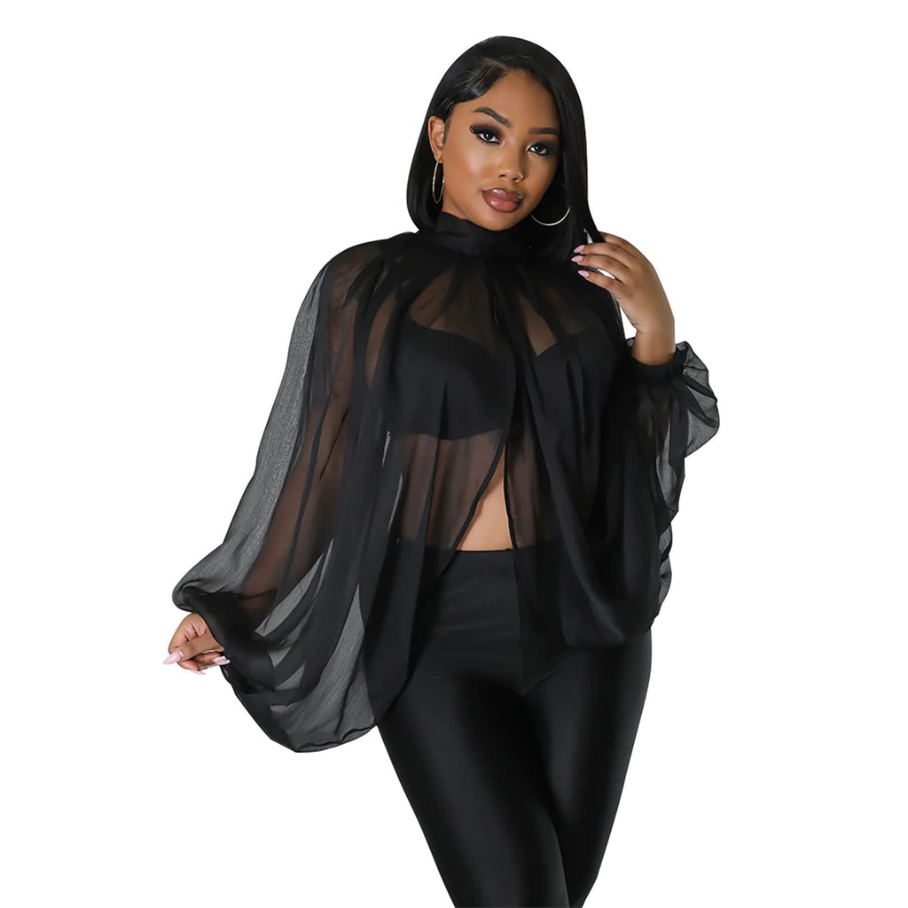 acelyn Women's Sexy See Through Chiffon Sheer Blouses Tops | Lantern Sleeve, Front Back Open, High Neck, Self Tie, Shawl Casual Shirts,Blouses Tops