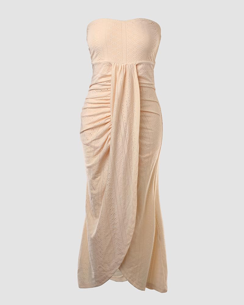CHICME Women's Strapless Bodycon Maxi Dress Asymmetrical Hem | Ruched Wrap Detail, Eyelet Embroidery, Soft Stretch Fabric, Tube Top Neckline, Beach Vacation Wear, Wedding Guest Outfit