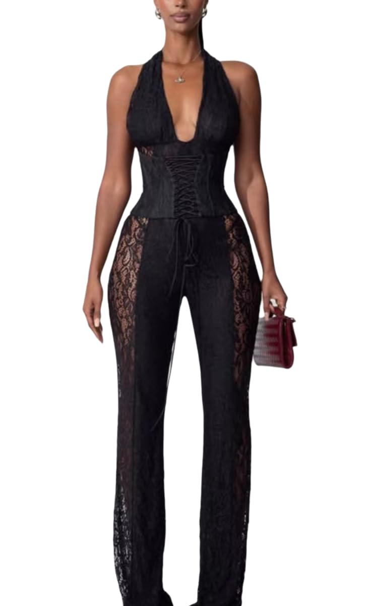 Wuitrie Lace Jumpsuits for Women Sexy See Through Deep V Neck Halter Tops and Flare Pant One Piece Romper Party Club Outfits