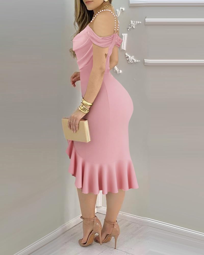 CHICME Womens Cocktail Dresses Pearls Strap Bodycon Midi Dress | Off Shoulder Design, Ruffle Hem Style, Soft Stretch Fabric, Birthday Party Wear, Wedding Guest Outfit, Date Night Look