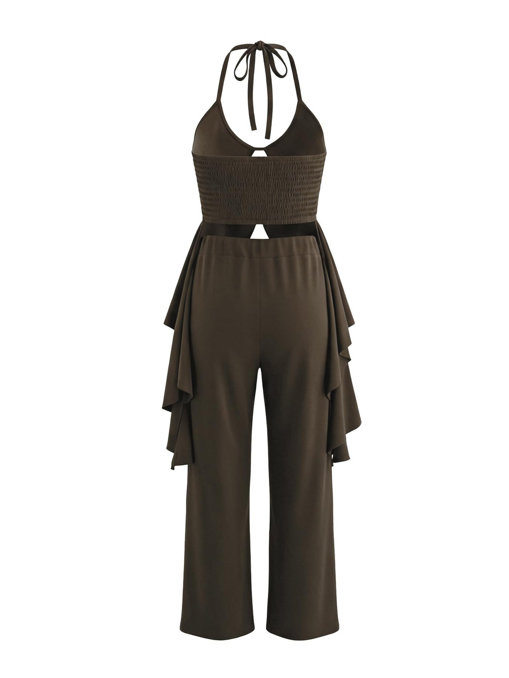 Women's Casual 2 Piece Set Sexy Sleeveless Backless Halter Neck Cutout Ruffled Tops Wide Legs Pants Outfits