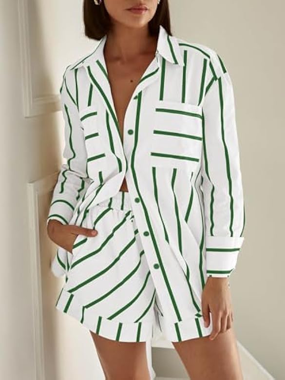 Women's Striped 2 Piece Outfits Casual Oversized Button Down Shirts and Short Lounge Pajamas Set