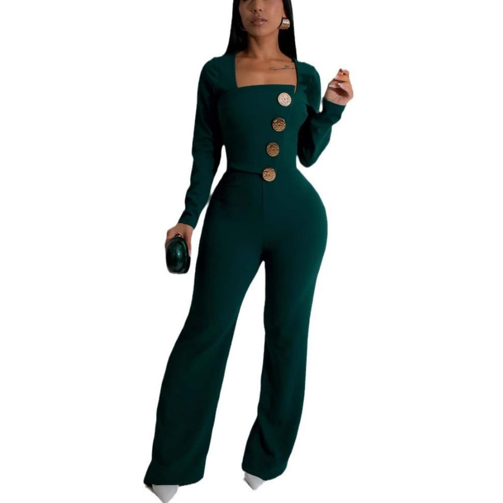 Women's fashionablesexyeleganthigh waistedwide leg pantsclub business party button jumpsuit