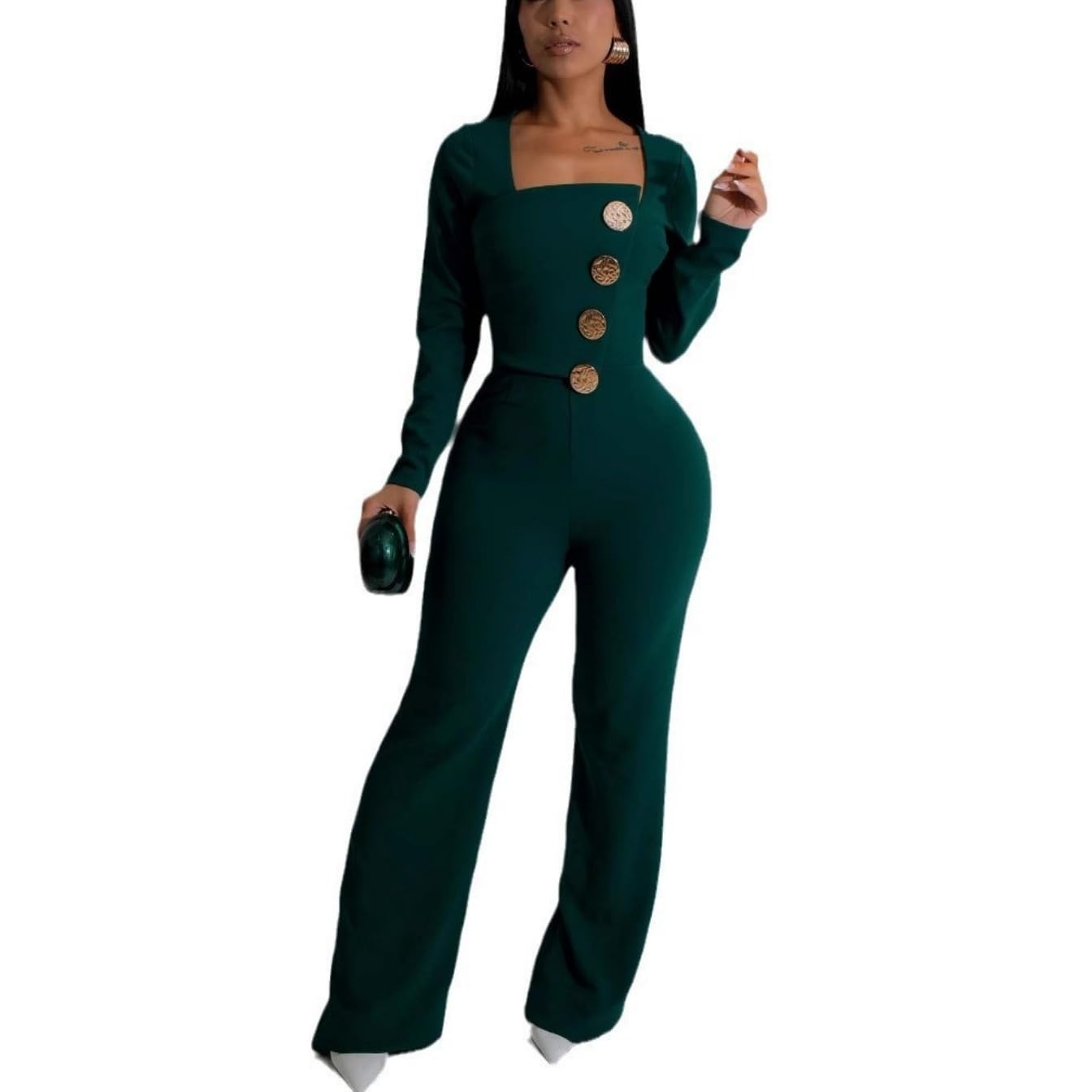 Women's fashionablesexyeleganthigh waistedwide leg pantsclub business party button jumpsuit