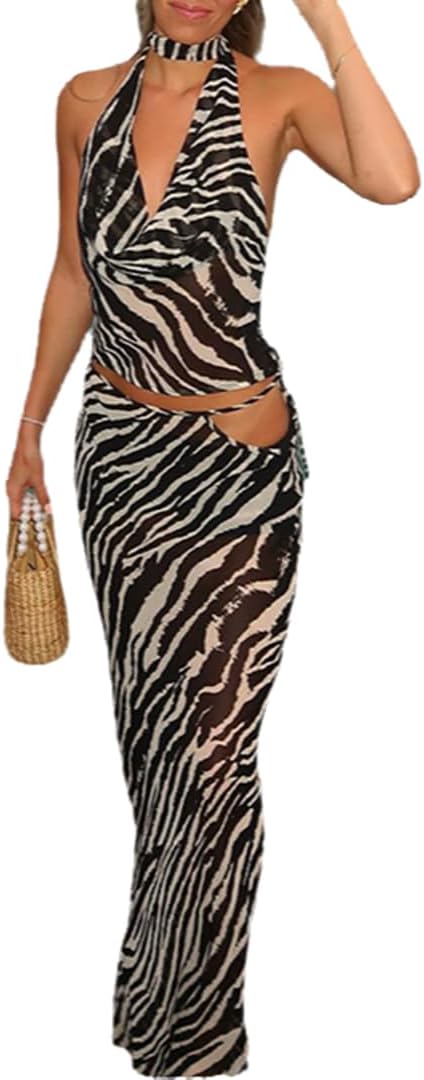 THLAI Women's 2 Piece Sexy Zebra Skirt Sets Halter Top Maxi Skirt Mesh Slim Summer Beach Outfits