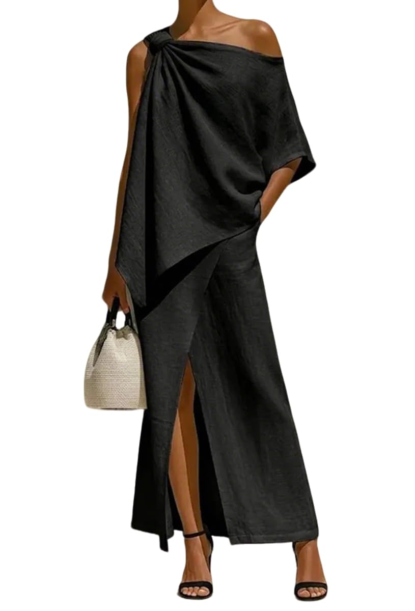 2 Piece Sets for Women Off Shoulder Irregular Hem Top and Slit Maxi Skirt Summer Casual Outfits